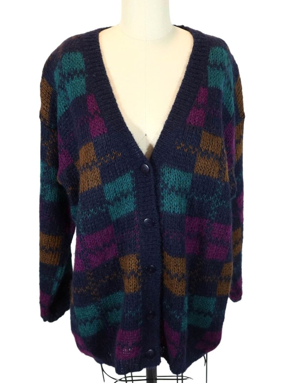 Vintage PAUL HARRIS Plaid Fuzzy Mohair Cardigan Size M Oversized Grandpa 90s